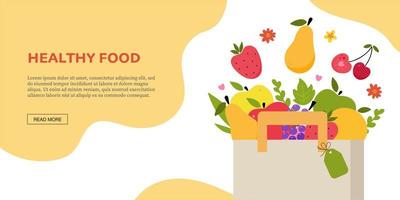 Modern banner with paper bag full of fruits. Organic grocery shopping web banner design for store, online market, home delivery flat vector illustration. Horizontal background. Fruit poster