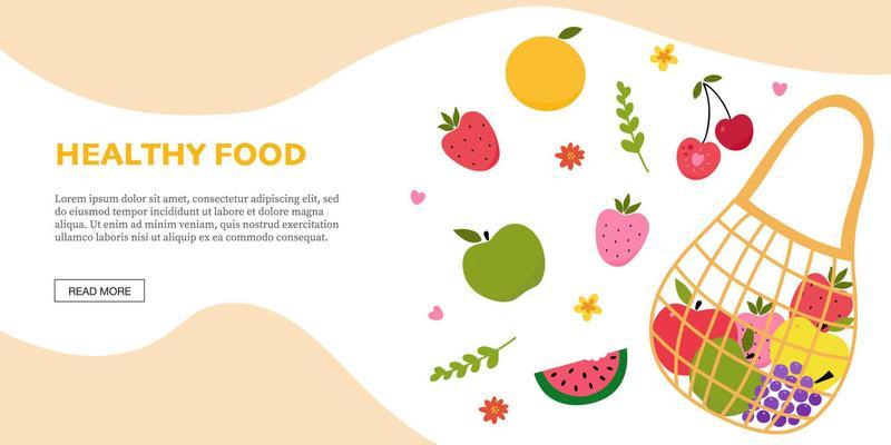 Modern banner with turtle bag full of fruits. Organic grocery shopping web banner design for store, online market, home delivery flat vector illustration. Horizontal background. Fruit poster