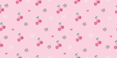 Seamless pattern of cherry fruit with green leaves, dots and hearts. Vector illustration. Cute cartoon fruit pattern, design for print, wrapping paper, packaging, web, fabric, textile, fruit shops