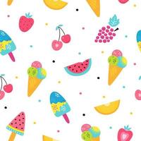 dibujos animados dibujados a mano helado de patrones sin fisuras. fondo de vector divertido perfecto con helado, sandía, fresa, uva, naranja, fruta, bayas. diseño de verano