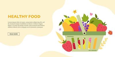 Modern banner with grocery basket full of fruits. Organic grocery shopping web banner design for store, online market, home delivery flat vector illustration. Horizontal background. Fruit poster