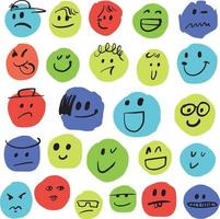 Smile various emotions faces. Cartoon drawing style with different colour characters. Flat Hand drawn illustration vector