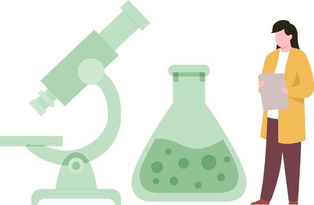 The girl is standing by the microscope and beaker.