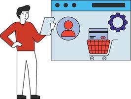 The boy is shopping from the web page. vector