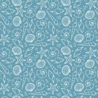 Vector Pattern with Sea Shells on light blue Background. Hand drawn backdrop with Sea Shells for wrapping paper or textile design. Drawing in outline style