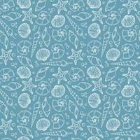 Vector Pattern with Sea Shells on light blue Background. Hand drawn backdrop with Sea Shells for wrapping paper or textile design. Drawing in outline style