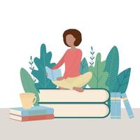 Concept of reading with a girl sitting cross legged. A dark skinned young woman with a book in her hands, coffee next to her. vector