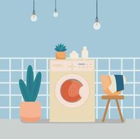 The washing machine, flower and a basket of linens in the bathroom. vector