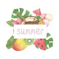 Summer watercolor frame with food and tropical leaves. Template with fruits and desserts with copy space. vector