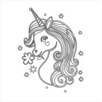 página para colorear de unicornio, ilustración vectorial en blanco y negro para colorear libro ilustración de unicornio, vector
