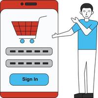 The boy is signing in to the shopping app on his mobile. vector