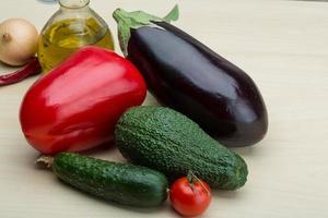 Eggplant, cucumber, avocado and red pepper photo