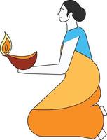 The girl is sitting with a diya in her hand. vector