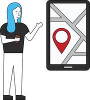 The girl searched for the location on her mobile. vector