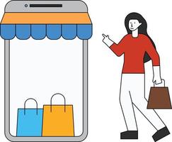 The girl is shopping online on mobile. vector