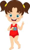 Cartoon little girl in red swimsuit holding camera vector