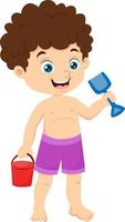 Cartoon little boy holding bucket and scoop vector