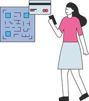 The girl is paying online through QR code. vector