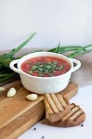 Borscht with greens and garlic on a light background and a wooden board. Side view, food photo for menu, restaurant, catalog, advertising, banner