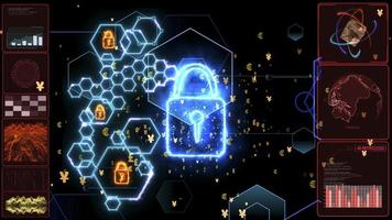 digital hexagon circuit wire and lock protection and polygon social media currency particles red monitor photo