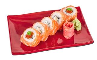 Japanese sushi traditional japanese food.Roll made of salmon, red cavair, roe and cream photo