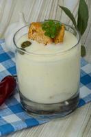 Cheese soup with croutons photo