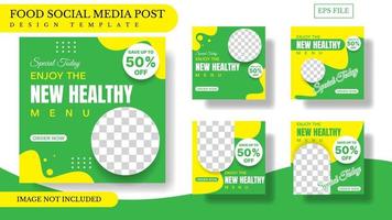 healthy food social media post template design in green and yellow color. vector illustration