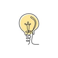 Continuous line drawing. Light bulb of a yellow business ideas concept. Vector illustrations