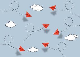 Business concept. Red paper airplane flying changing direction on sky of business teamwork. Leader, New idea, boss, manager, winner concept, trend. Vector illustration