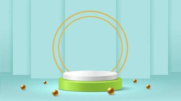 Abstract white and green cylinder pedestal podium with golden sphere, golden round on mint green background. 3d vector illustration.