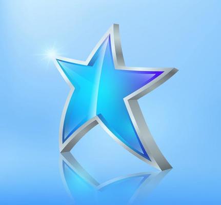 3D crystal clear blue glass star with shiny silver star rim on a pastel blue background.