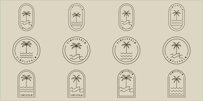 set of simple palm tree line art vector minimalist illustration template icon graphic design. bundle collection of various island and beach sign or symbol for travel or adventure business with badge