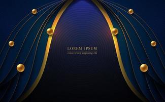 Abstract blue curve and gold lines on dark blue background. Decoration element with golden ball. Vector illustration