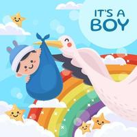 Stork Flying In The Sky With Baby Boy vector