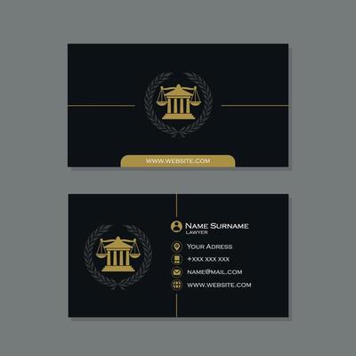 Black lawyer business card with building logo and scales of justice