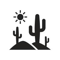 Illustration of a hot sun in the desert with a cactus tree. Solid icons, glyphs, silhouettes. vector