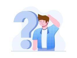 Vector Flat Illustration Confused Person With Big Question Mark on The Back And Showing Confused Gesture. Can be used for Website, FAQ illustration, Error pages, Presentation, Animation, Etc.