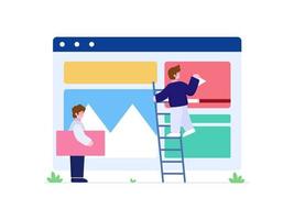 People Building A Website Layout Together Vector Illustration. Process of Web Layouting or Making Web Layout. Can be used for website, landing page, application, and your personal project