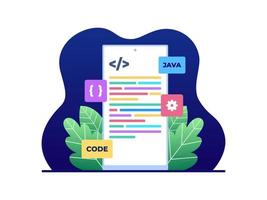 codificación o programación de ilustración plana en smartphone. la construcción de una aplicación para teléfonos inteligentes. se puede utilizar para proyectos de aplicaciones web y móviles o su proyecto personal. vector