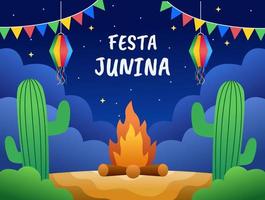 Escena de ilustración vectorial de celebración de festa junina con cactus, decoración colgante y por la noche. tarjeta de felicitación de fiesta junina carnaval. se puede utilizar para postales, pancartas, afiches, impresos, web, etc. vector