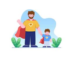 Father's Day Illustration with Dad and Son Wearing Superhero Costume. Father and Son Celebrate Father's Day Together. Can be used for Greeting card, web, postcard, animation, etc vector