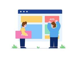 Vector Flat illustration of Website Advertisements with People Together Placing ads elements on the website. Can be used for web, landing page, promotion, personal project, and other project.