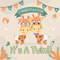 Flat Twin of Giraffes Born Day Celebration Concept vector