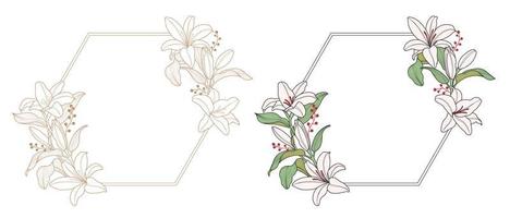 lily flower frame with hexagonborder vector