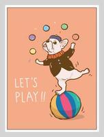 french bulldog Circus dog performing a circus show.Fun with juggling with balls and ball balancing act. poster, postcard and cover design vector