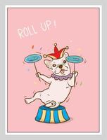 french bulldog Circus dog performing a circus show.Fun with Spinning Plates .balancing a spinning plate. poster, postcard and cover design vector