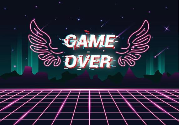 retro neon with mountain decorations and gameover writing
