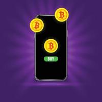 diseño de smartphone con transacción de bitcoin y fondo morado brillante vector