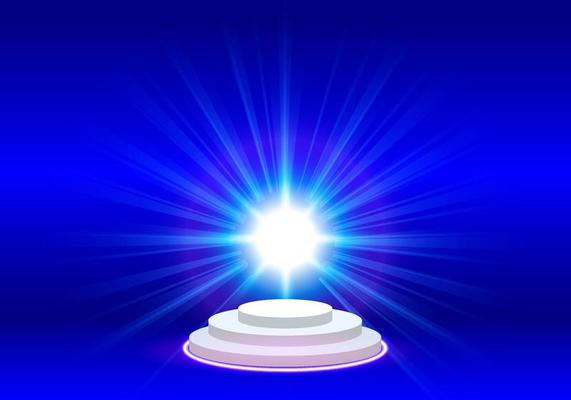 podium with bright, sparkling light and blue background
