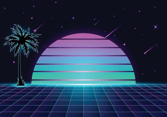 retro sun with neon decorations and stars and coconut trees